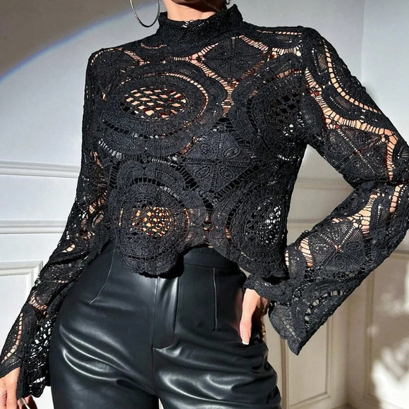 Black Casual Women's Sexy Cut Out Lace See-Through Flare Sleeve Blouse - Picture 4 of 6